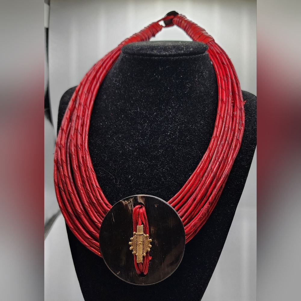 African Tribal Necklace Red Leather Round Horn Pendant 18"